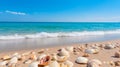 Tranquil coastal beauty seashells scattered on sandy beach, serene travel concept