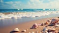 Tranquil coastal beauty serene beach view with scattered shells, travel concept