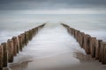 Tranquil coastal landscape featuring aged wooden logs on the shoreline of a sandy beach