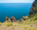 Tranquil coastal landscape on Karadag volcanic mountain range