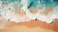 Tranquil coastal scene aerial close up shot of gentle ocean waves rolling onto sandy beach