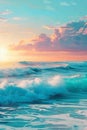 Tranquil coastal sunset colorful sky over ocean waves on panoramic island beach