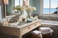 A tranquil coastal-themed bathroom, featuring light tones, natural textures and seaside elements