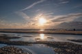 Tranquil colorful sunset over sea, viewed from the dutch coast. The Netherlands