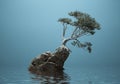 Tranquil concept. Tree on top of a rock in the water and blue background