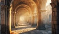 Ancient stone corridor illuminated by warm sunlight in a historic ruin during the evening Royalty Free Stock Photo