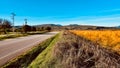 Tranquil country road runs through lush green fields and majestic mountains in the background Royalty Free Stock Photo