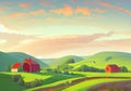 Tranquil Countryside Illustration: Serene Blue Skies, Rolling Hills, and Quaint Old French Homes