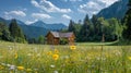 Tranquil countryside scene cozy home in lush meadow surrounded by wildflowers and tall trees