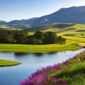 A tranquil countryside scene with rolling hills, blooming flowers, and a meandering river2, Generative AI Royalty Free Stock Photo