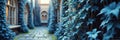 Tranquil courtyard with blue ivy-covered walls and stone pathway in gothic setting Royalty Free Stock Photo