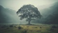 Tranquil dawn, foggy meadow, silhouette of pine tree beauty generated by AI