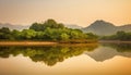 Tranquil dawn, green meadow, mountain peak, reflection in pond generated by AI