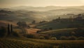 Tranquil dawn in Italian vineyard, rustic cottage generated by AI