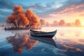 Tranquil dawn lonely wooden boat on lake, reflecting peace and nature s serenity