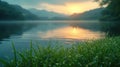 Serene Lake Dawn, Dew on Grass, Distant Mountains View Royalty Free Stock Photo