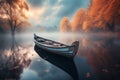 Tranquil dawn serene reflections of a solitary wooden boat on a peaceful lake at dawn