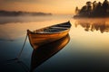 Tranquil dawn serene solitude of a wooden boat on a reflective lake amidst peaceful nature