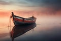 Tranquil dawn solitary wooden boat on lake reflecting peaceful nature landscape