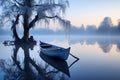 Tranquil dawn with wooden boat reflecting on serene lake, peaceful nature landscape