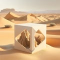 Tranquil desert, geometric sandstone podium surrounded by towering sand dunes AI generation