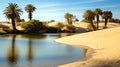 Tranquil desert oasis scene with palm trees