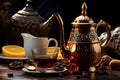 A tranquil desert tableau with an Arab teapot, cup, and sweet dates