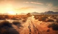 Tranquil desert vista showcases an endless road disappearing into sunset. Creating using generative AI tools