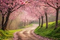 A tranquil dirt road flanked by lush trees and blooming pink flowers creates a serene and picturesque scene, A cherry blossom Royalty Free Stock Photo