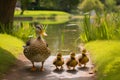 Tranquil Duck Family Strolls Pondside.