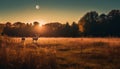 Tranquil dusk, deer grazing in meadow, nature serene beauty generated by AI