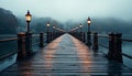 Tranquil dusk, foggy night, illuminated bridge, reflecting cityscape in water generated by AI Royalty Free Stock Photo