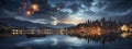 A tranquil dusk setting over a bustling riverfront cityscape, as viewed from a wooden pier.