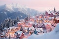 Tranquil dusk winter village painting with cozy cabins, pine trees, and cool blue palette