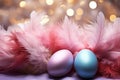 Tranquil Easter backdrop Eggs, feathers, glitter in soft pastels