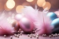 Tranquil Easter backdrop Eggs, feathers, glitter in soft pastels