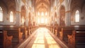 Tranquil easter church interior with radiant light streaming through stained glass windows