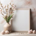 A tranquil Easter scene with a clean wooden frame and soft, muted pastel colors.