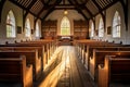 Tranquil easter sunday church interior with radiant light through stained glass windows