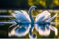 Tranquil Elegance: Swan Gliding Across Lake with Morning Light Reflecting on Intricate Feathers