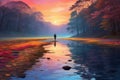 The image of a man walking on the water of a shallow river in the forest at sunset. Royalty Free Stock Photo