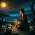 a girl sitting near the pumpkin in the night moonlight AI GENERATED