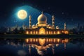 A tranquil evening with a beautifully lit mosque located under a full moon, Illustration of a mosque with a moon and its