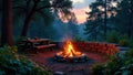 Tranquil evening campfire scene with picnic table and stone ring in a wooded area at sunset. Generative AI Royalty Free Stock Photo