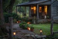 Tranquil evening scene of a country cottage with warm lights and a welcoming porch Royalty Free Stock Photo