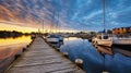 Tranquil Evening Scene of a Wooden Pier, Moored Boats, and a Dramatic Cloudy Blue Sundown Sky. Generative AI