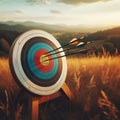 Archery target sits in field with several arrows making their mark Royalty Free Stock Photo