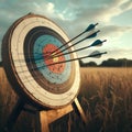 Archery target sits in field with several arrows making their mark Royalty Free Stock Photo