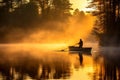 Tranquil fisherman navigating misty lake at dawn with fishing rod, capturing serene atmosphere