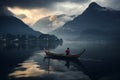 Tranquil fisherman skillfully navigating misty lake at dawn, capturing serene atmosphere